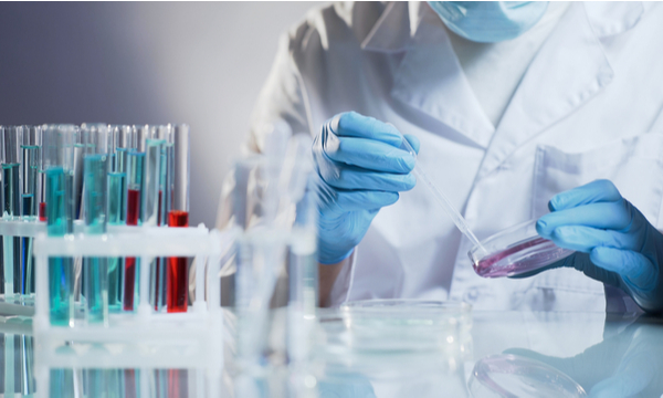 close up of lap technician taking a sample from a petri dish