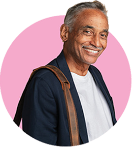 Smiling retiree with a bag strap over their shoulder ready for travel