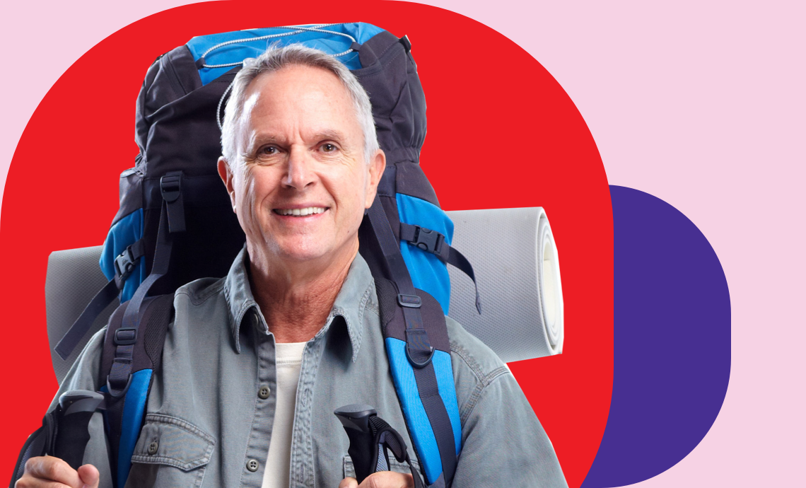 Retiree wearing a pack ready for adventure
